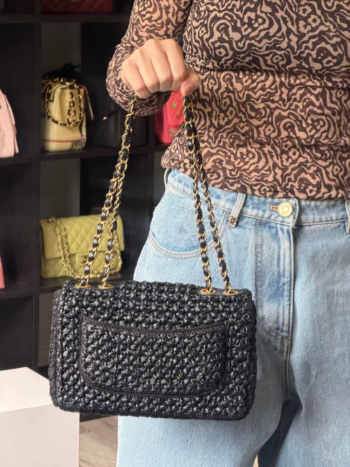 Chanel 18C Black Ancient Greece Raffia Crochet Flap Bag