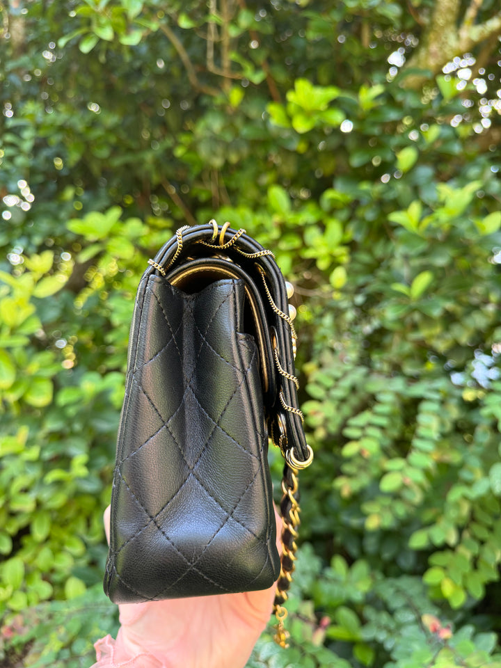CHANEL 2019 PIERCING CHARMS BLACK MEDIUM CLASSIC DOUBLE FLAP BAG