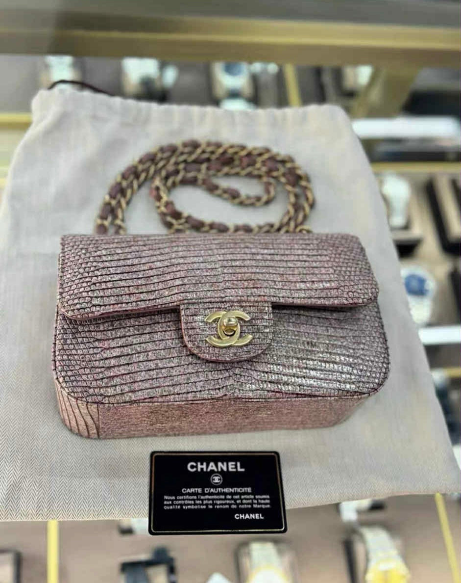 Chanel Mauve Taupe Lizard Mini Rectangular Flap Bag