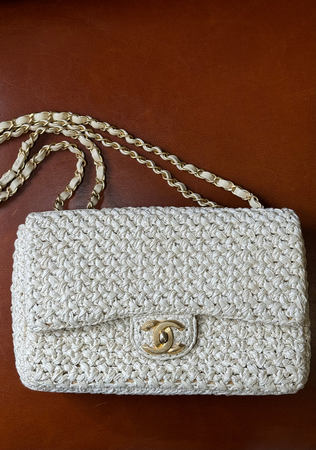 Chanel Raffia Crochet Flap Tan Matte Gold Hardware 18C