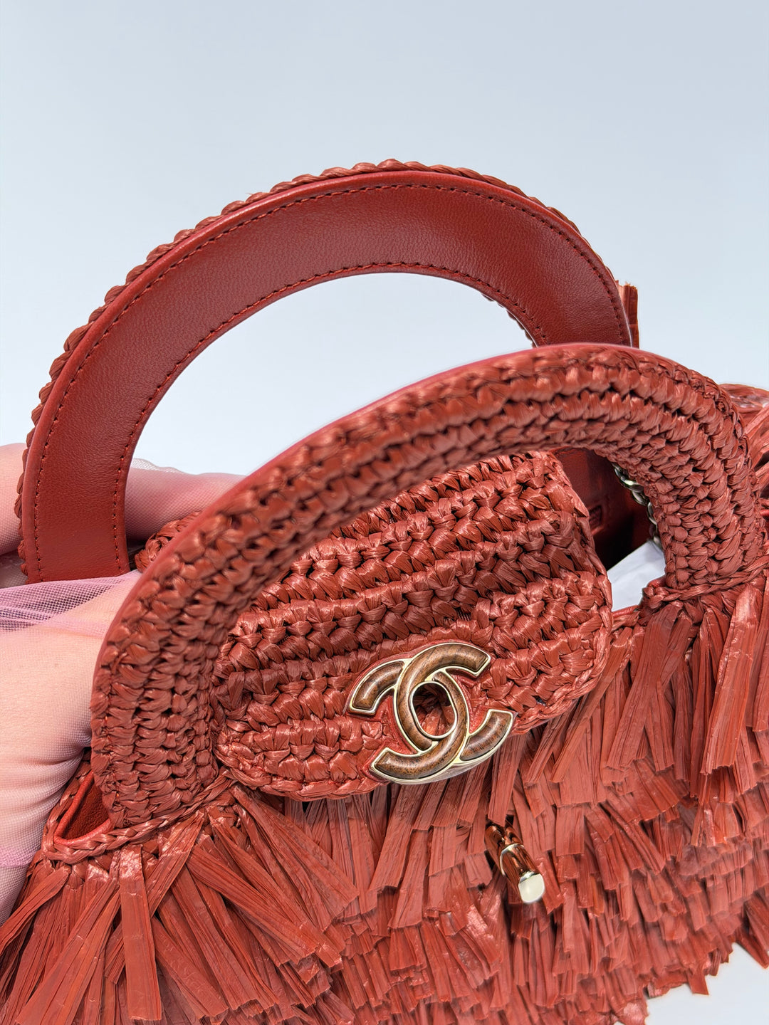 Chanel Mini Shopping Bag Fringed Raffia Effect Fabric Rust Gold Tone Metal 2026