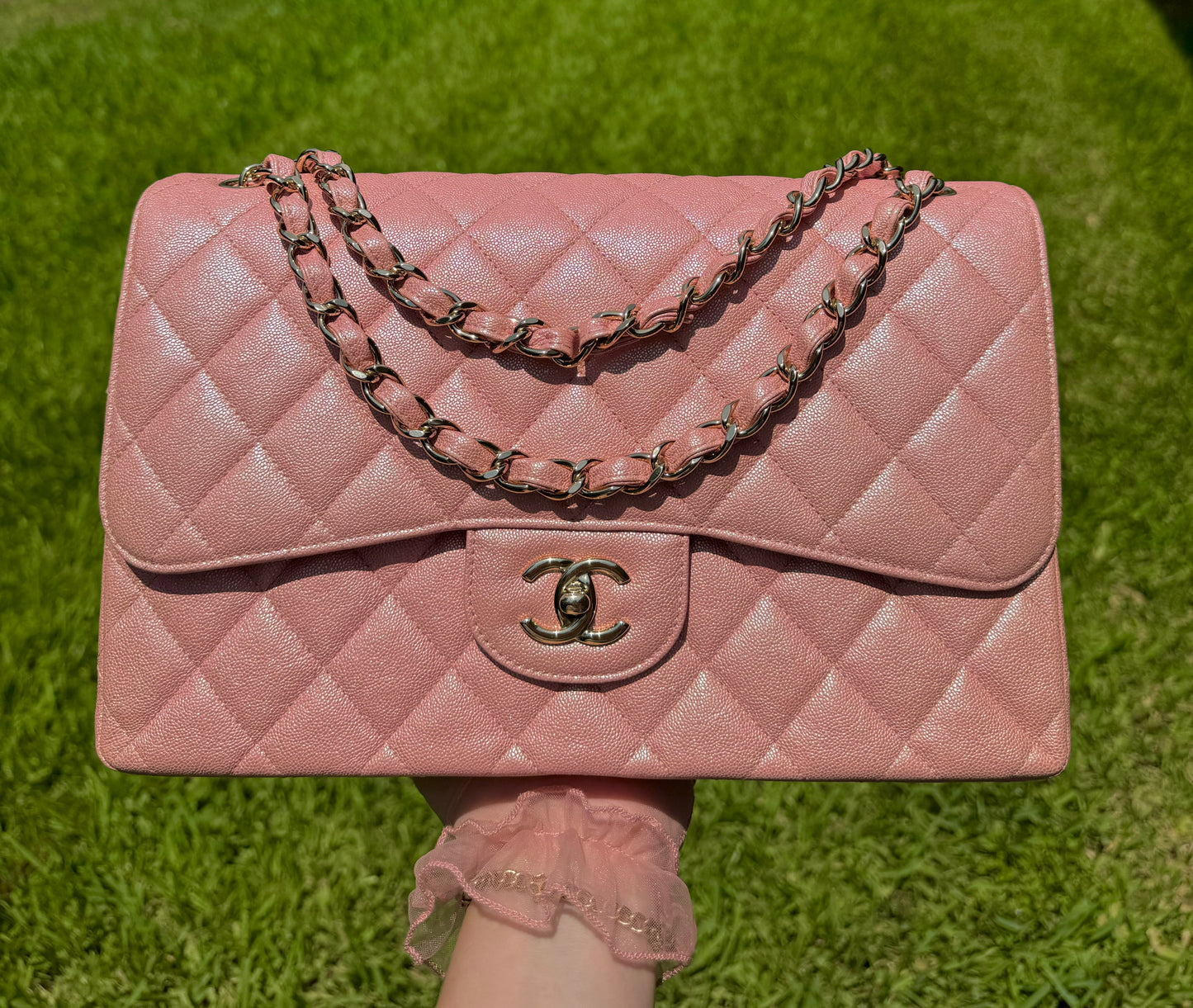 Chanel 19S Pink Iridescent Jumbo Caviar Double Flap Bag