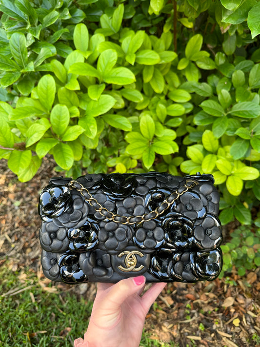 Chanel Black Lambskin Camellia Rose Appliqué Medium Flap Bag