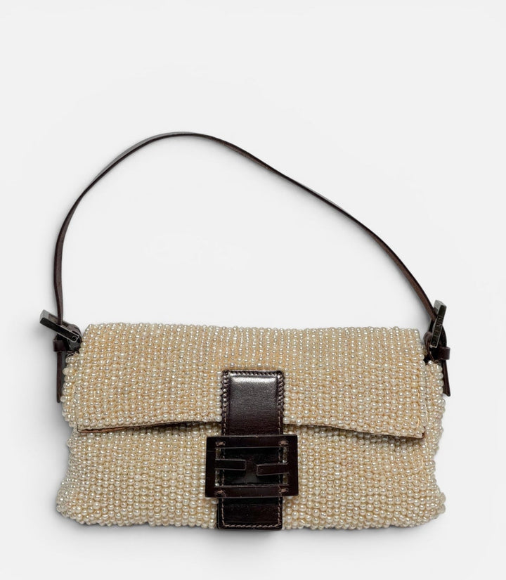 Fendi Pearl Embellished Baguette Brown Leather Trim Silver Hardware 2009