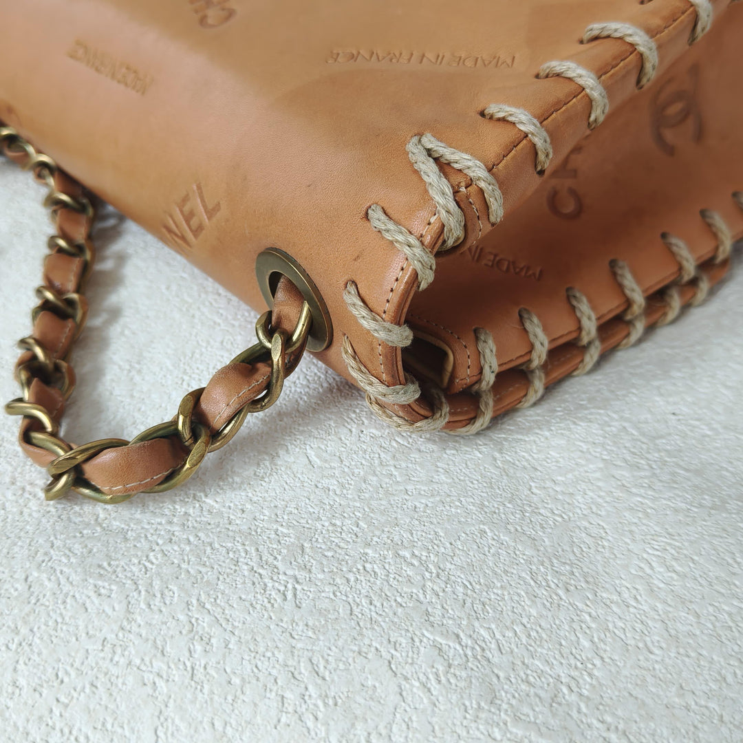 Chanel Maxi Classic Flap Bag Tan Debossed Logo Calfskin Whipstitched Gold Hardware 1994