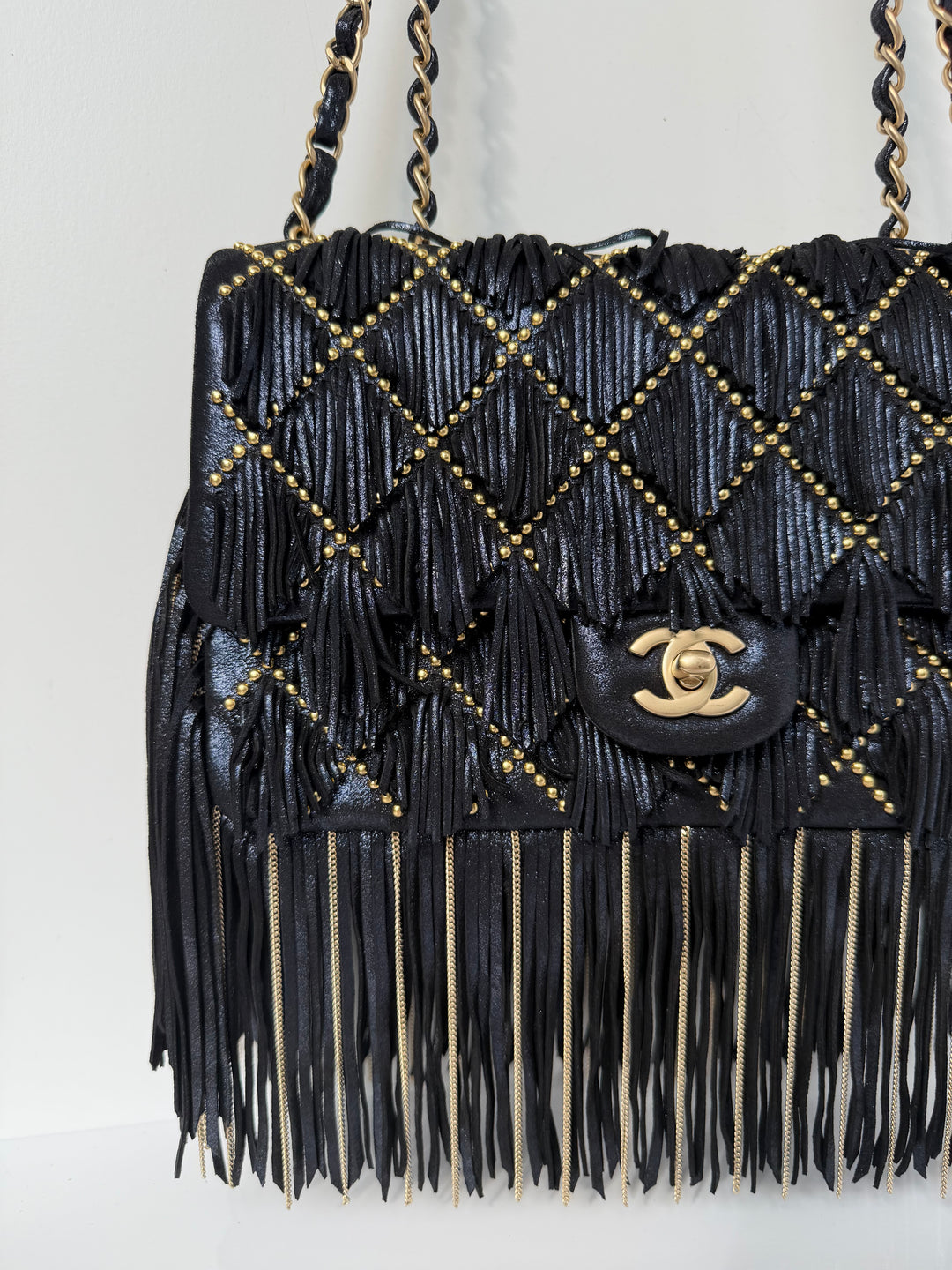 Chanel Paris-Dallas Medium Fringe Flap Bag Black Iridescent Leather Brushed Gold Tone Hardware 2014