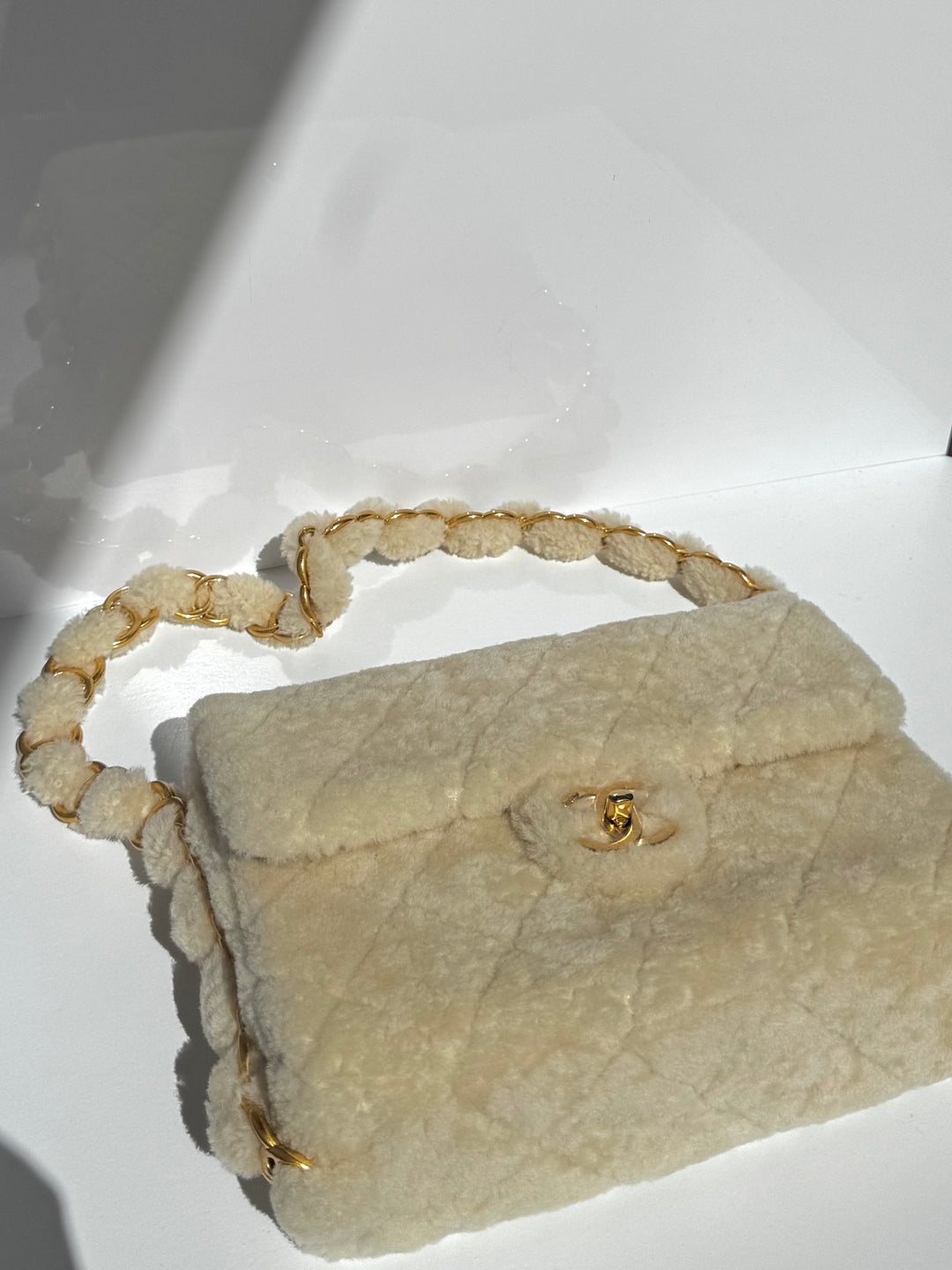 Chanel Ecru Shearling Lambskin Medium CC Chains Flap Bag