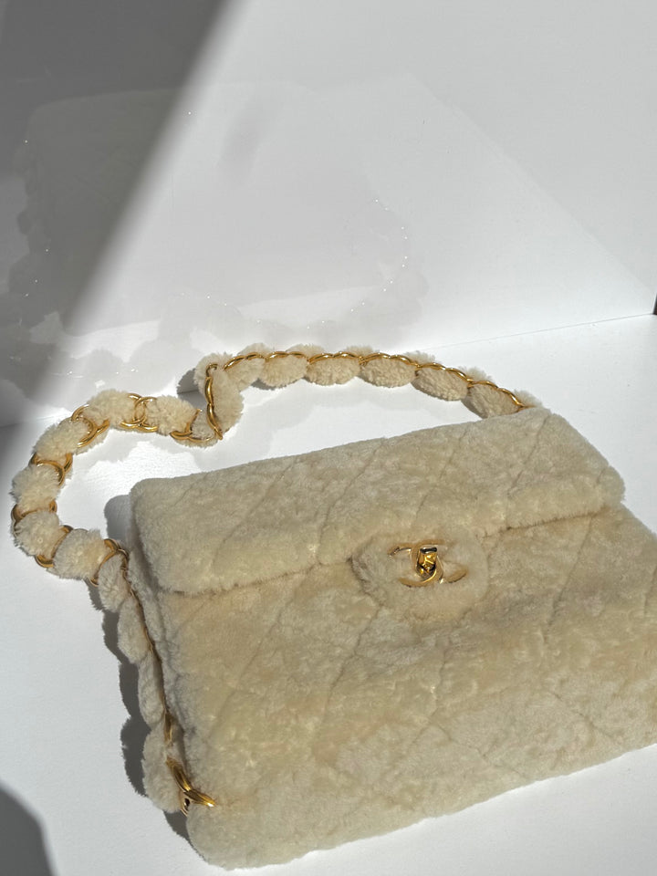 Chanel Ecru Shearling Lambskin Medium CC Chains Flap Bag