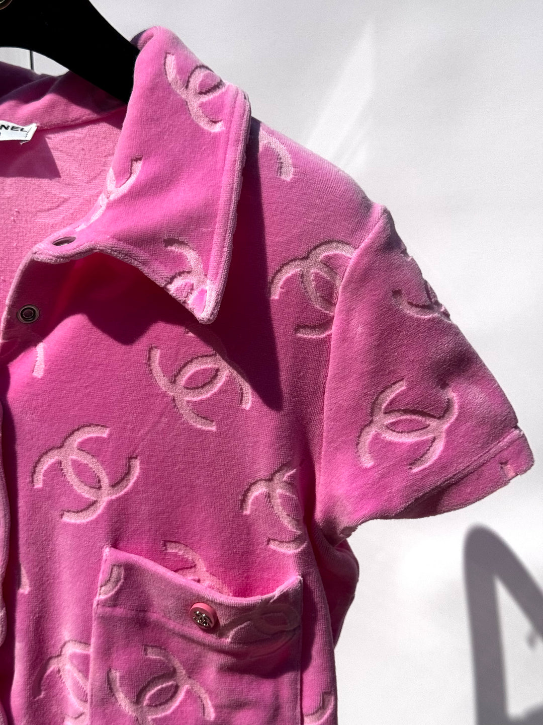 Chanel Spring 1996 Pink Velour CC Button Top X EstherandSasha