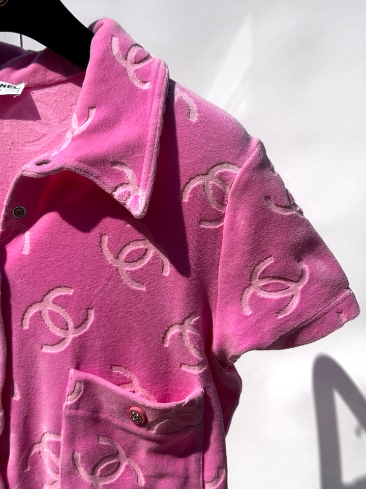 Chanel Spring 1996 Pink Velour CC Button Top X EstherandSasha