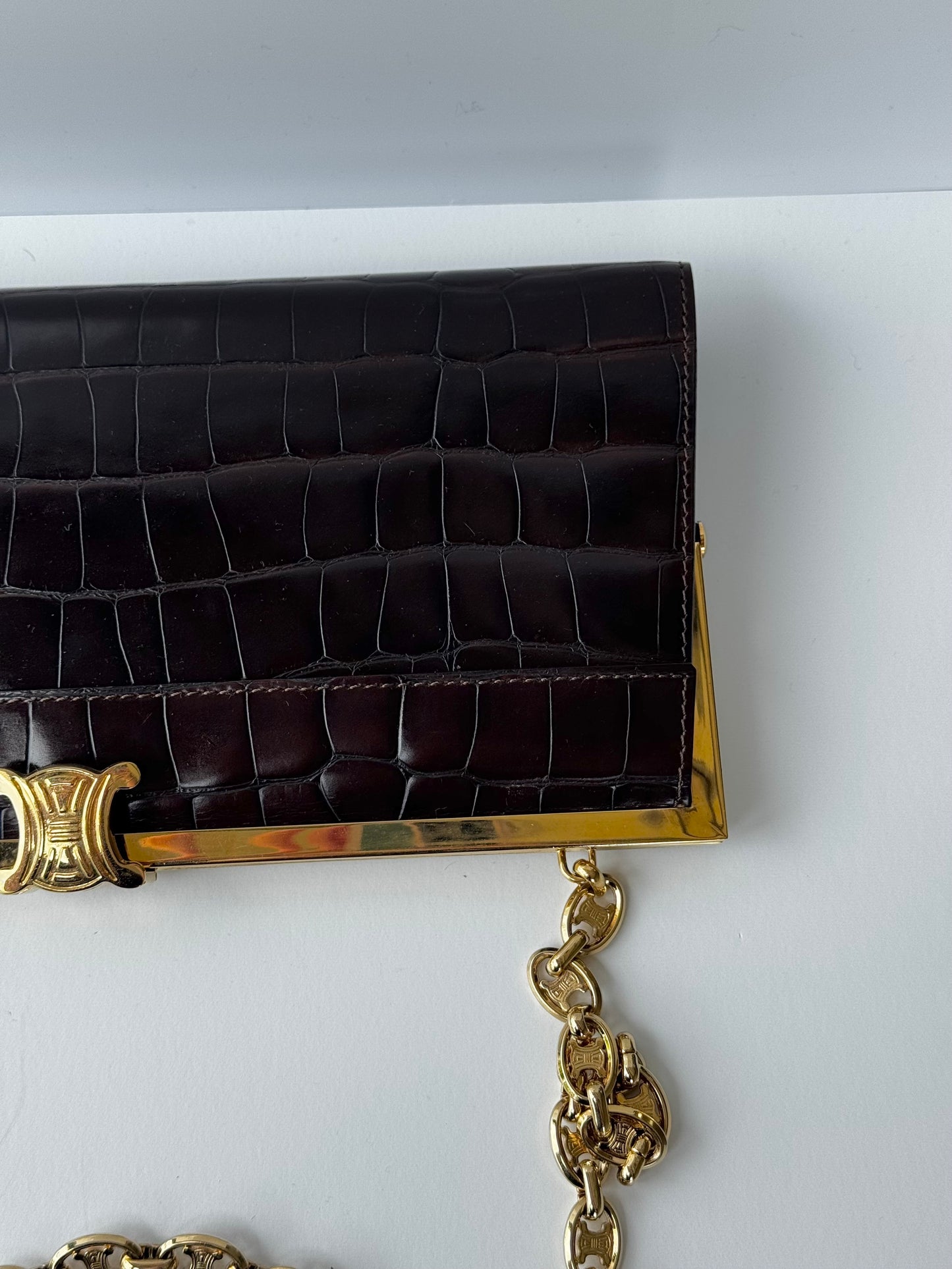 Celine Croc Embossed Brown Shoulder Clutch Bag