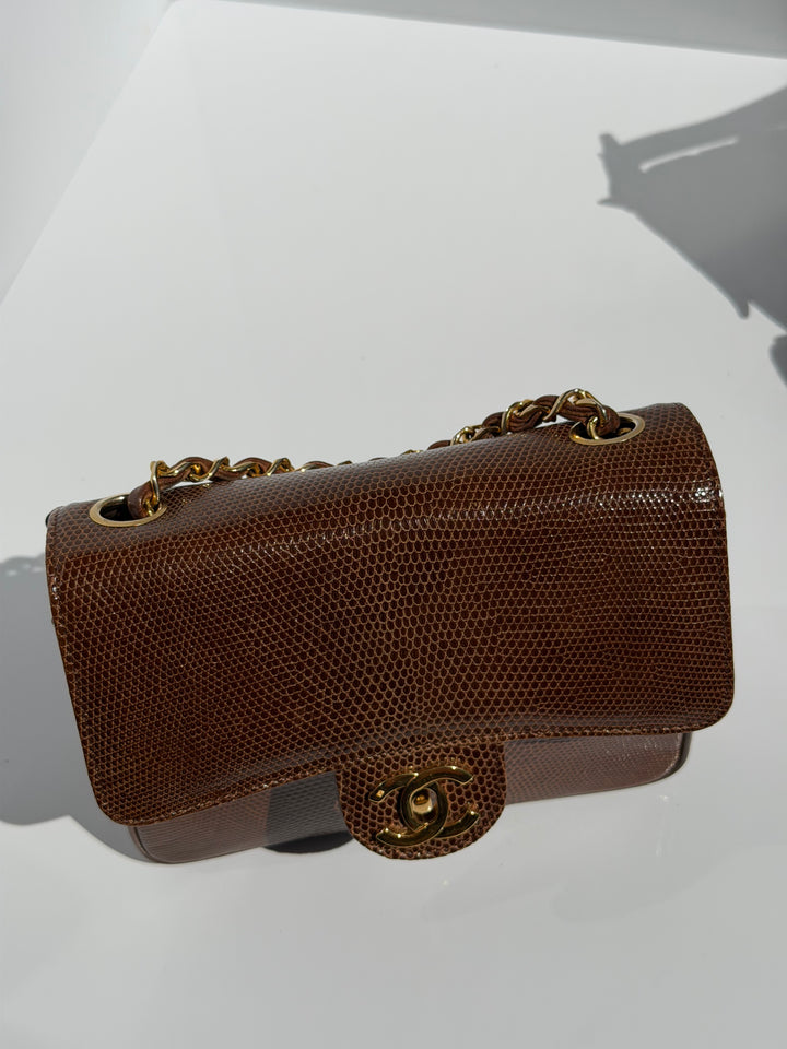Chanel Brown Vintage Lizard Mini Square Flap Bag 24K Plated Gold Hardware 1986