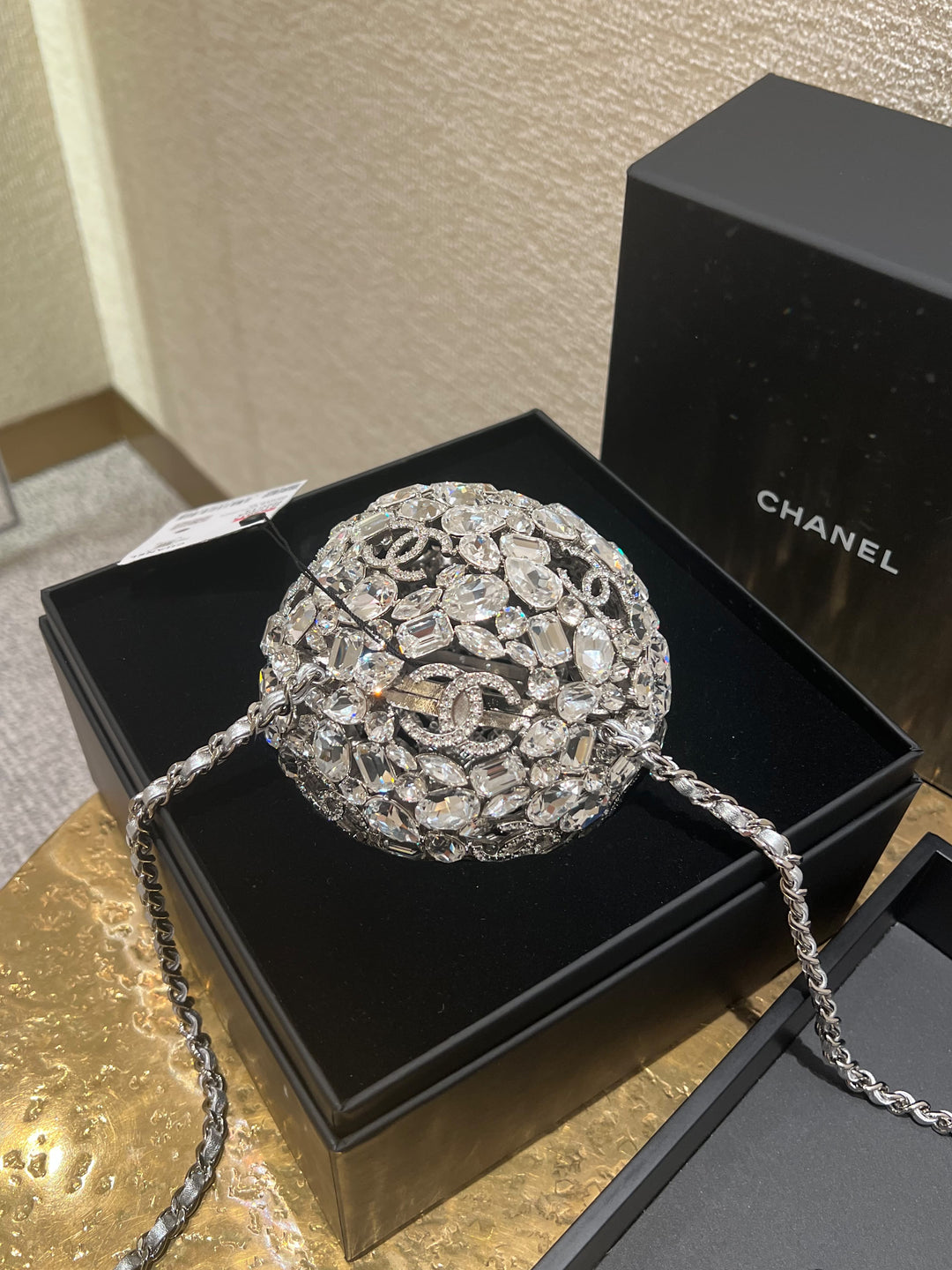 Chanel Sphere Minaudière Clutch Silver Metal & Strass Crystals Silver-Tone Hardware 2025
