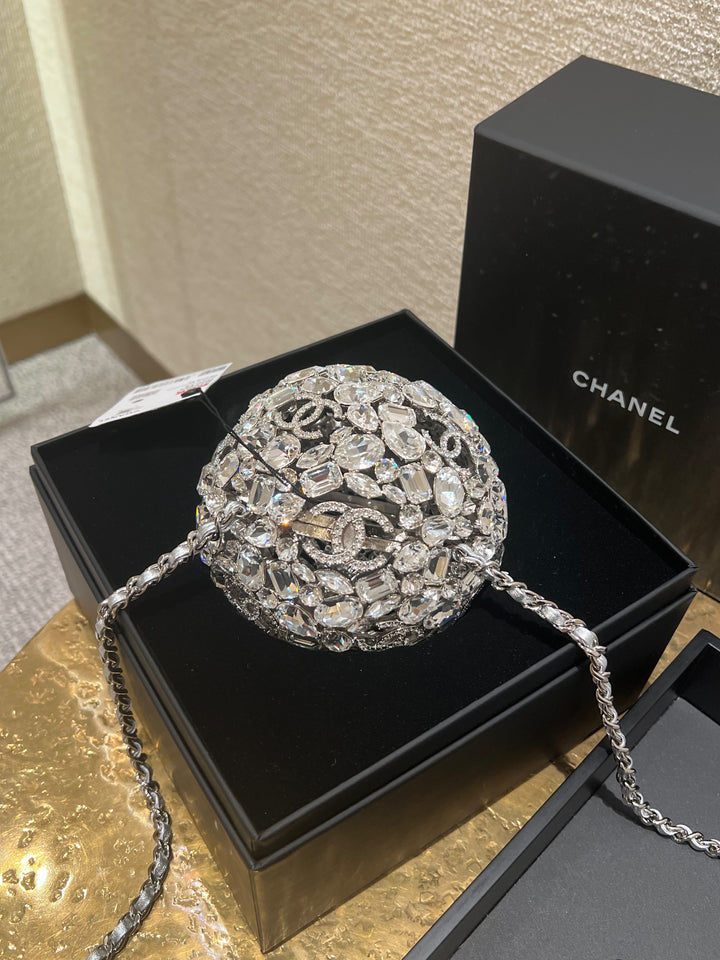 Chanel Sphere Minaudière Clutch Silver Metal & Strass Crystals Silver-Tone Hardware 2025