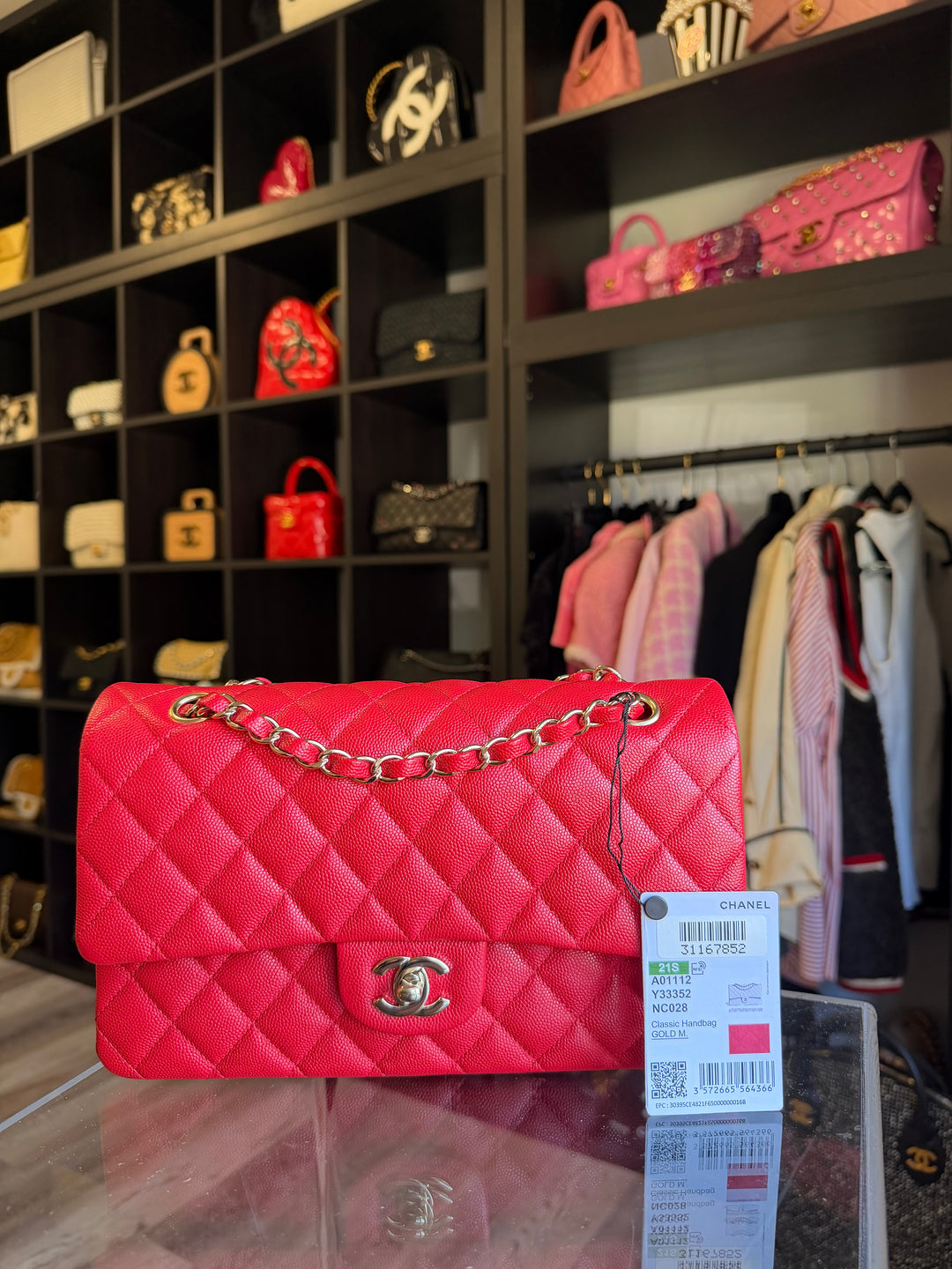 Chanel Medium Classic Double Flap Caviar Red Light Gold Hardware 2021