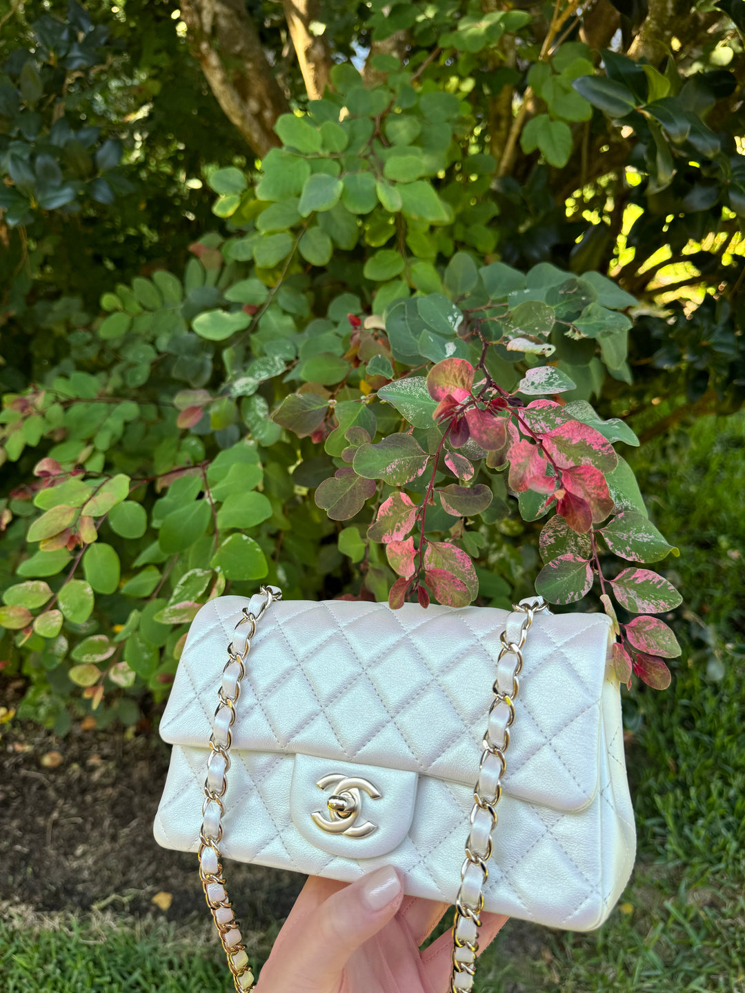 Chanel 21S White Iridescent Calfskin Mini Flap Bag