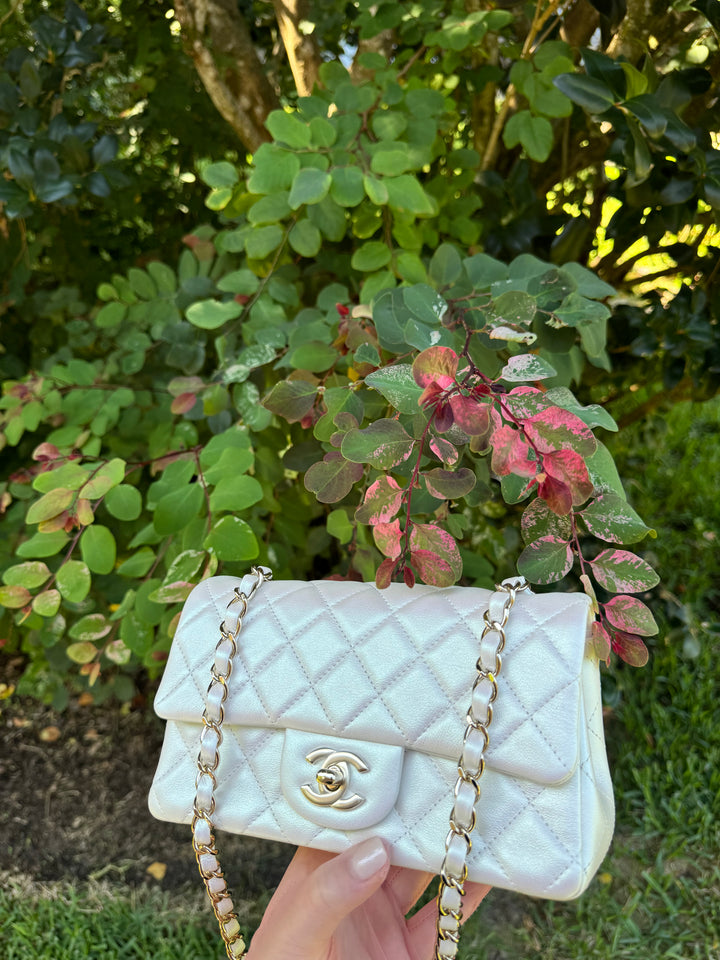 Chanel 21S White Iridescent Calfskin Mini Flap Bag