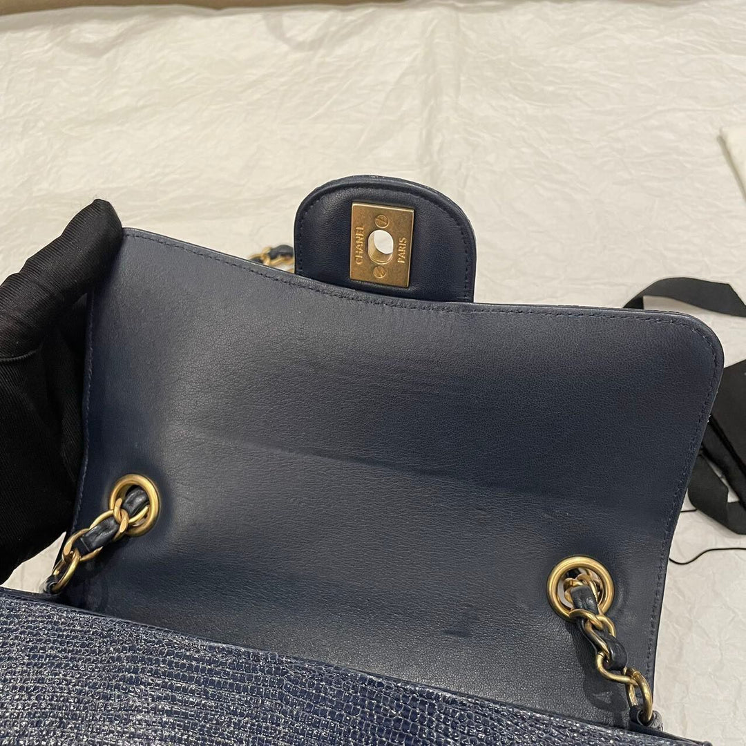 Chanel Navy Blue Lizard Mini Flap Brushed Gold Hardware 2018