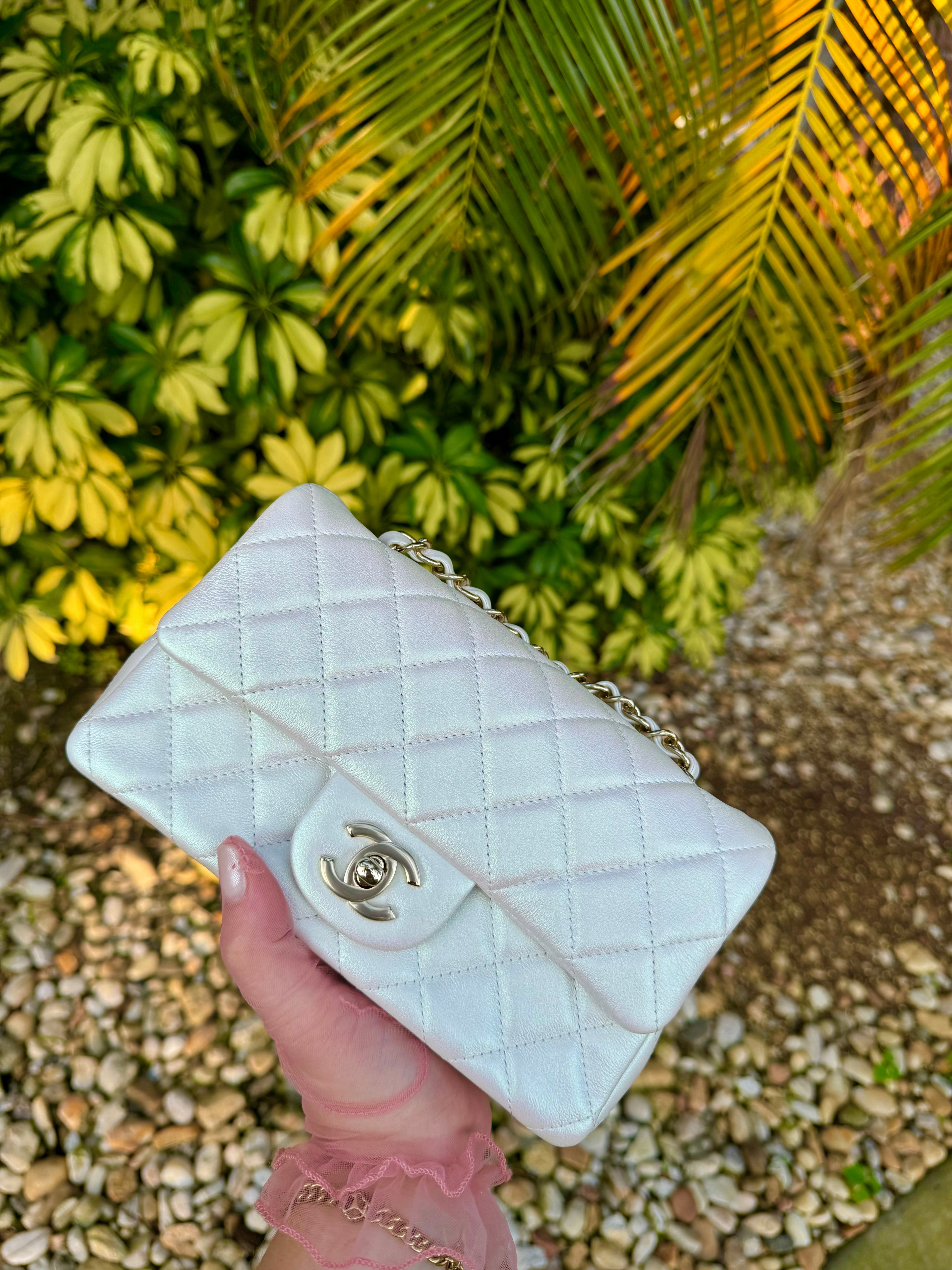 Chanel 21S White Iridescent Calfskin Mini Flap Bag – Its A Luv Story