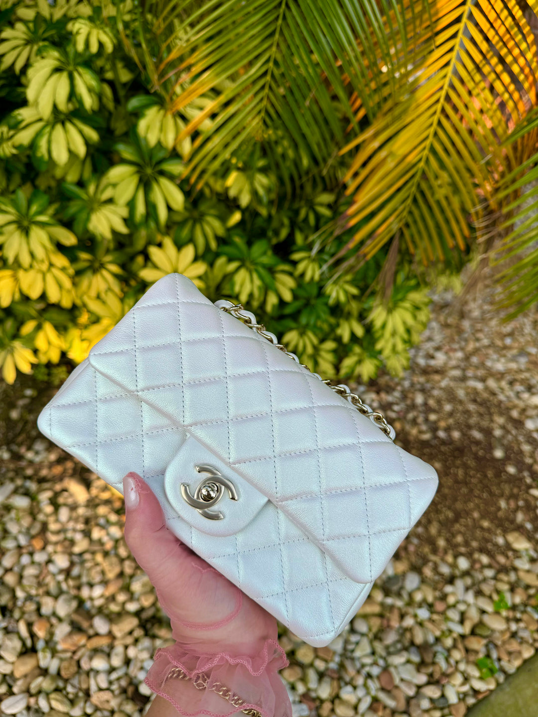 Chanel 21S White Iridescent Calfskin Mini Flap Bag