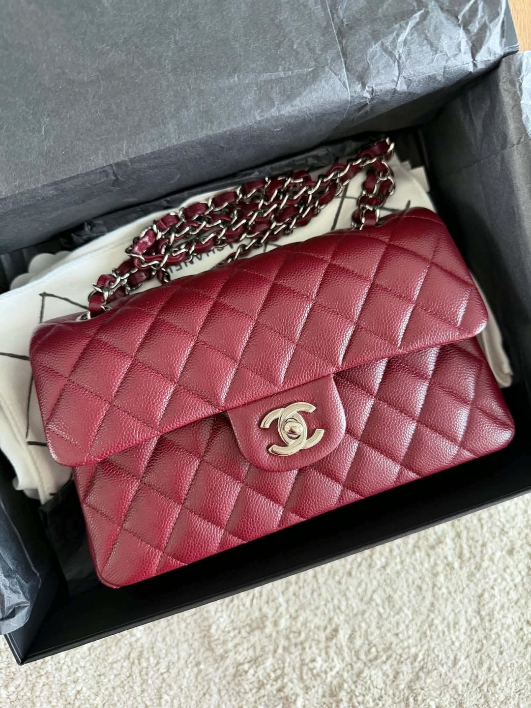Chanel Small Classic Double Flap Caviar Wine Red Silver Hardware 2020