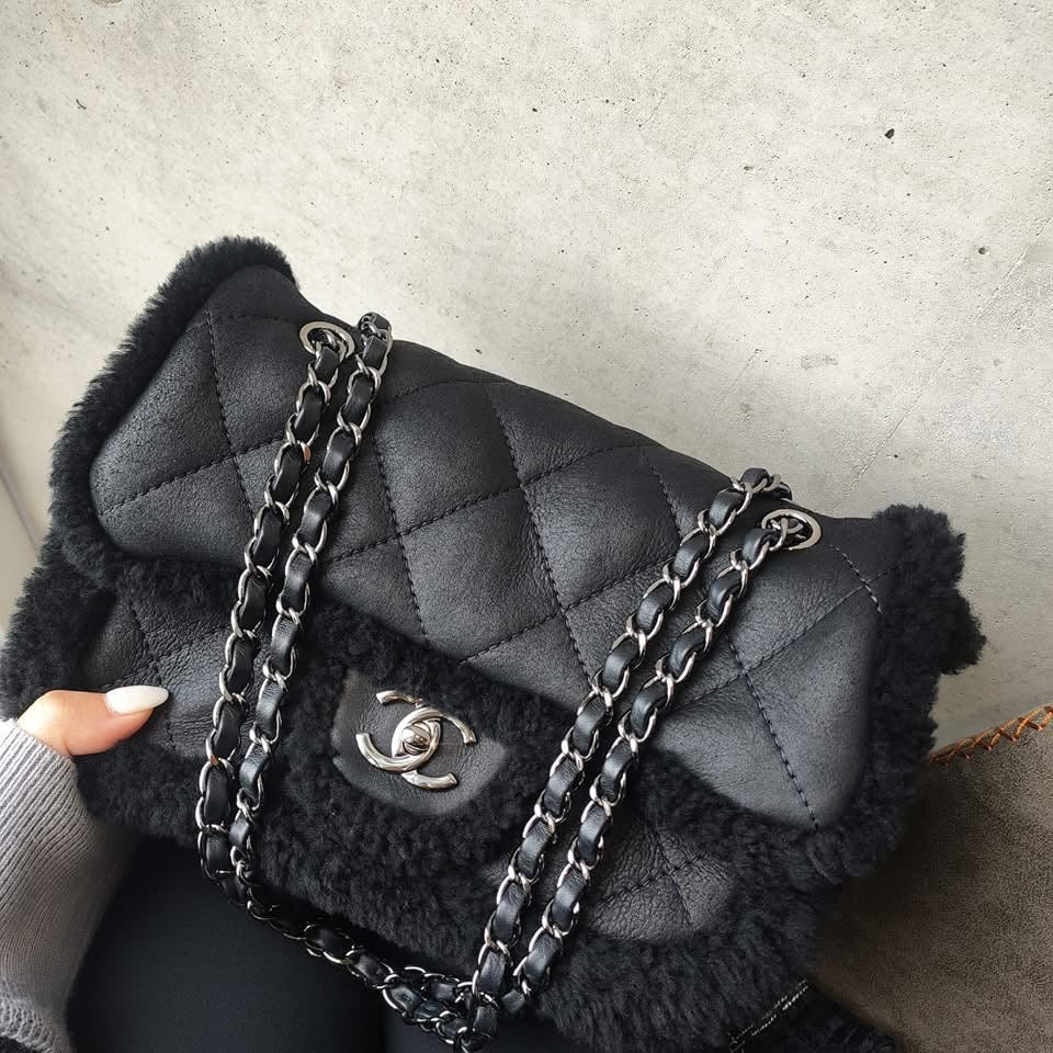 Chanel Medium Black Shearling Coco Neige Flap