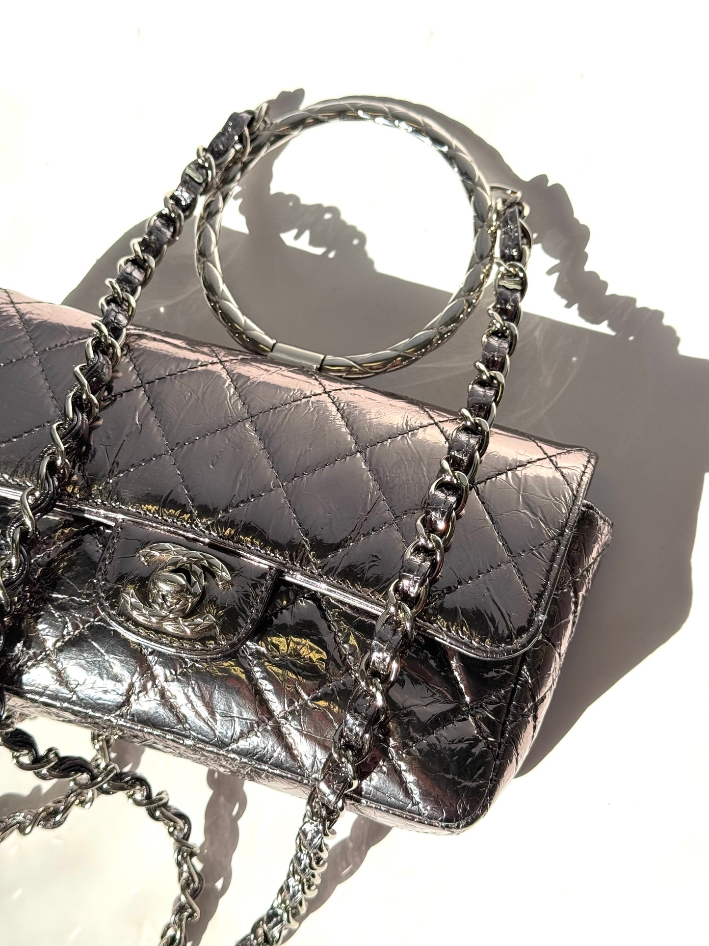 Chanel Metallic Calfskin Mini Ring Handle Flap Bag