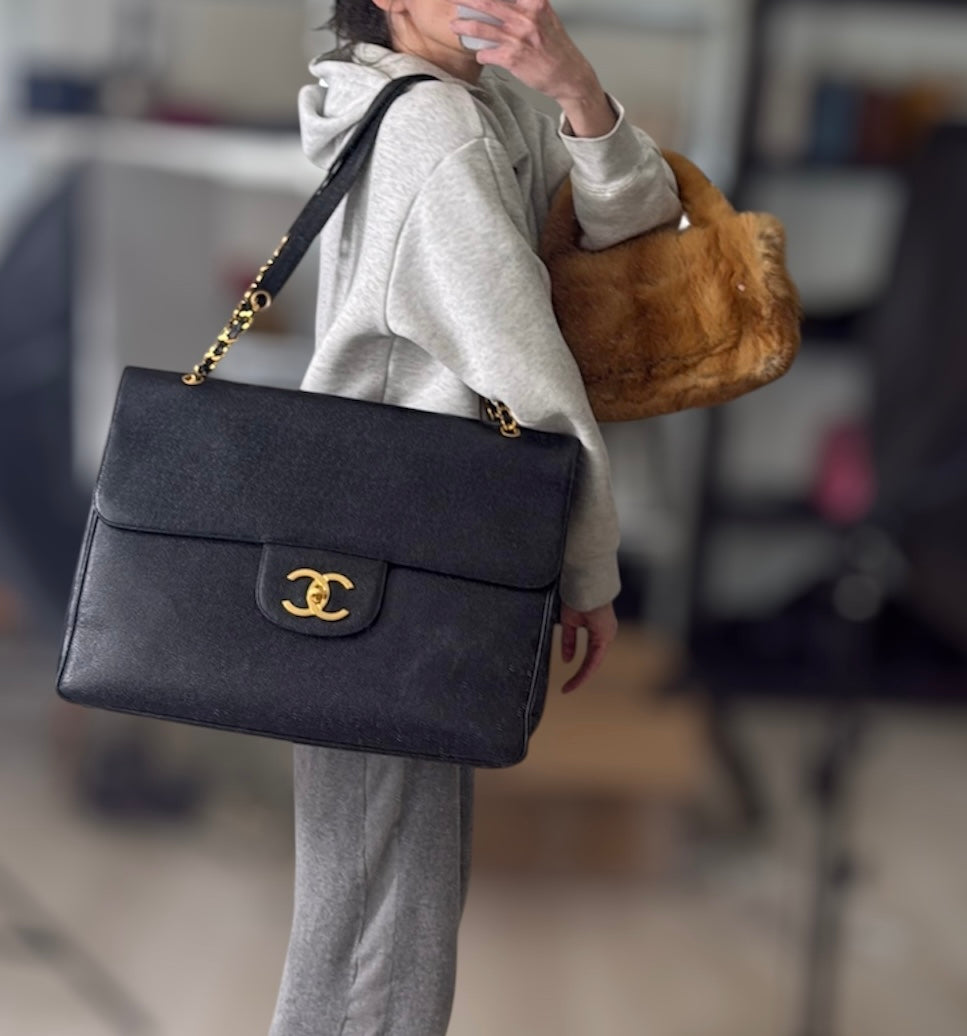 Chanel Vintage Caviar XXL Supermodel Flap Black 24K Gold Plated Hardware 1994