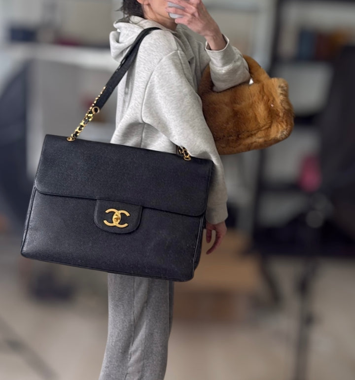 Chanel Vintage Caviar XXL Supermodel Flap Black 24K Gold Plated Hardware 1994