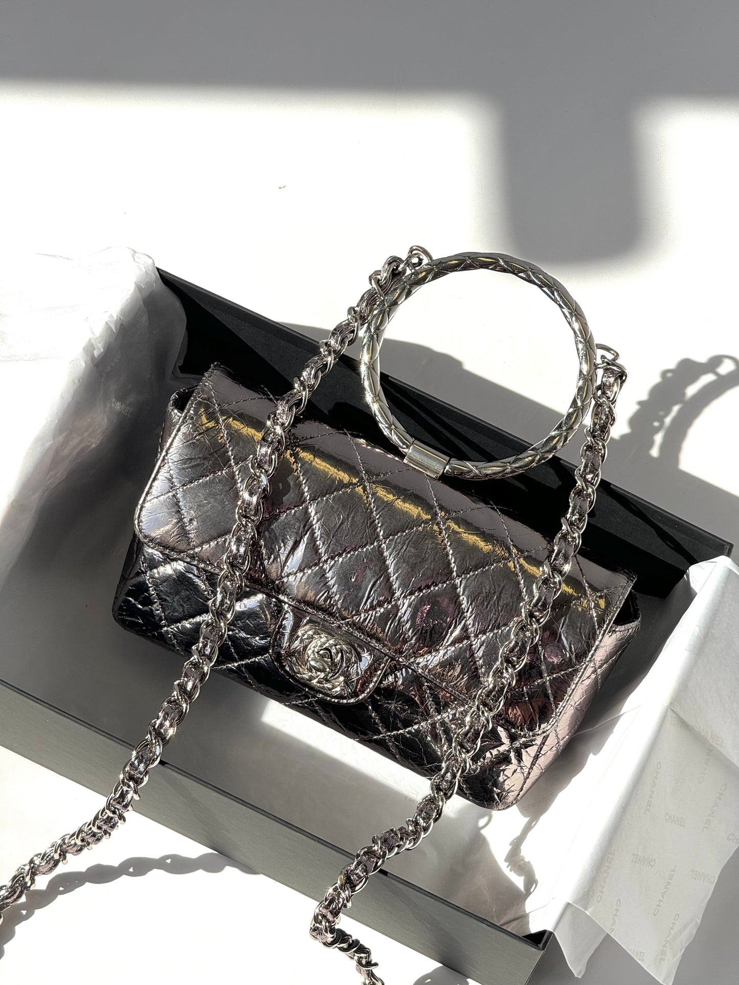 Chanel Metallic Calfskin Mini Ring Handle Flap Bag