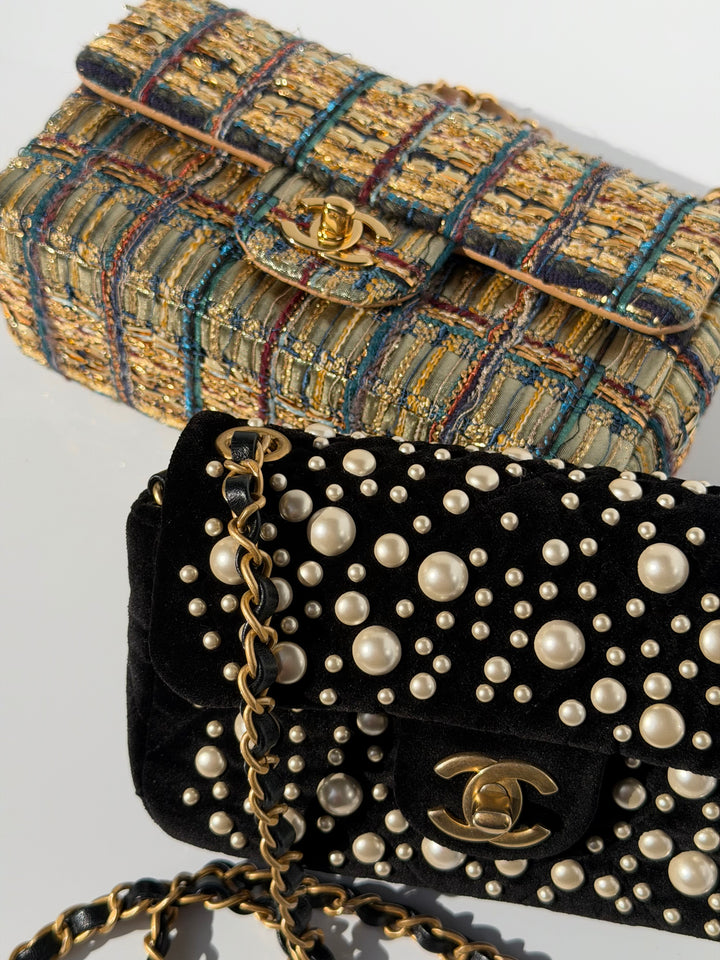 Chanel Black Velvet Mini Pearl Flap Bag