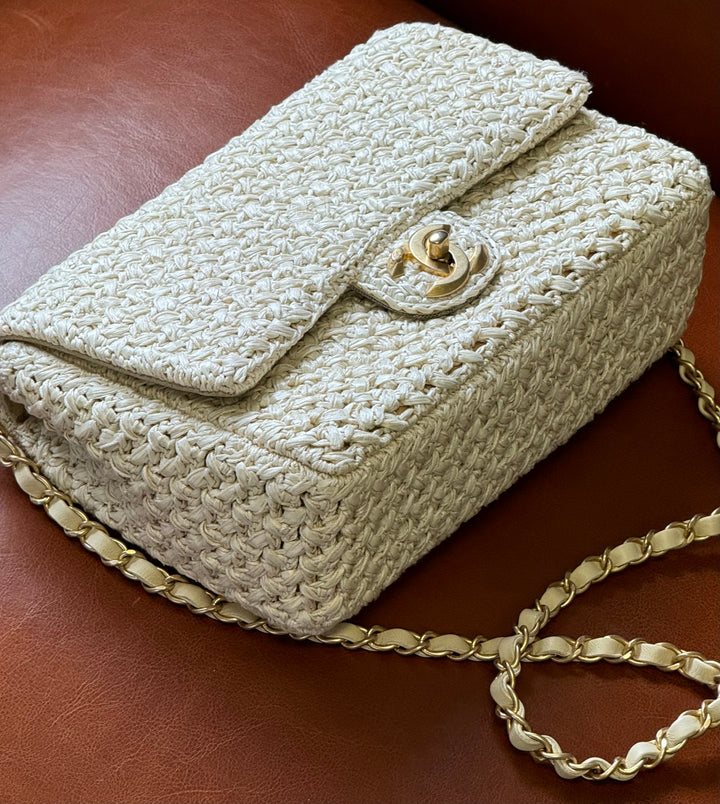 Chanel Raffia Crochet Flap Tan Matte Gold Hardware 18C