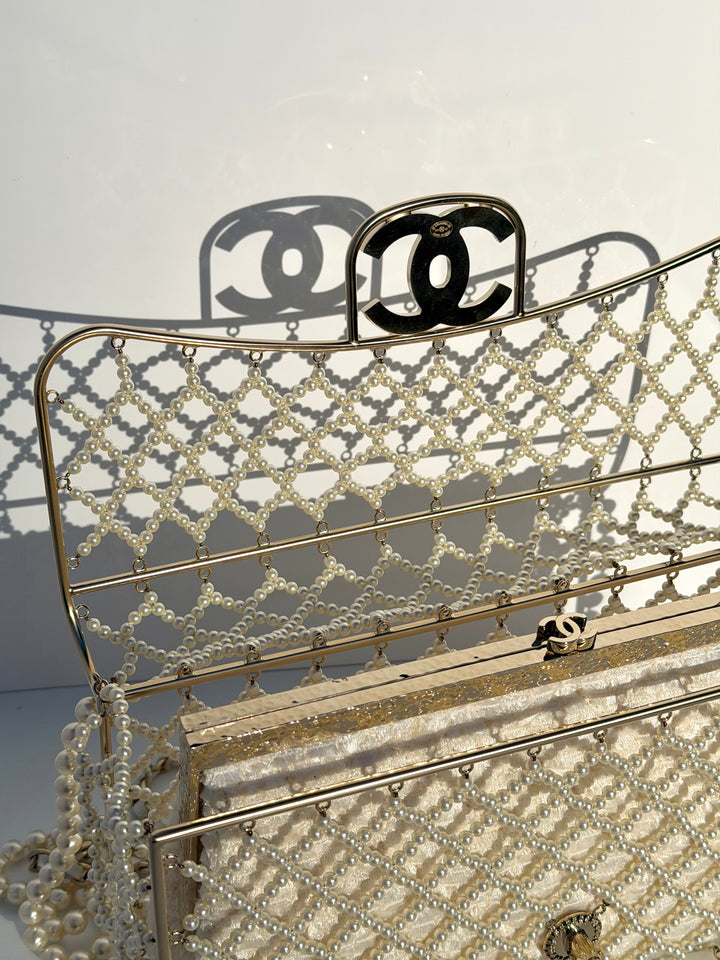 Chanel 2014 Pearl Embellished Caged Flap Minaudière Bag