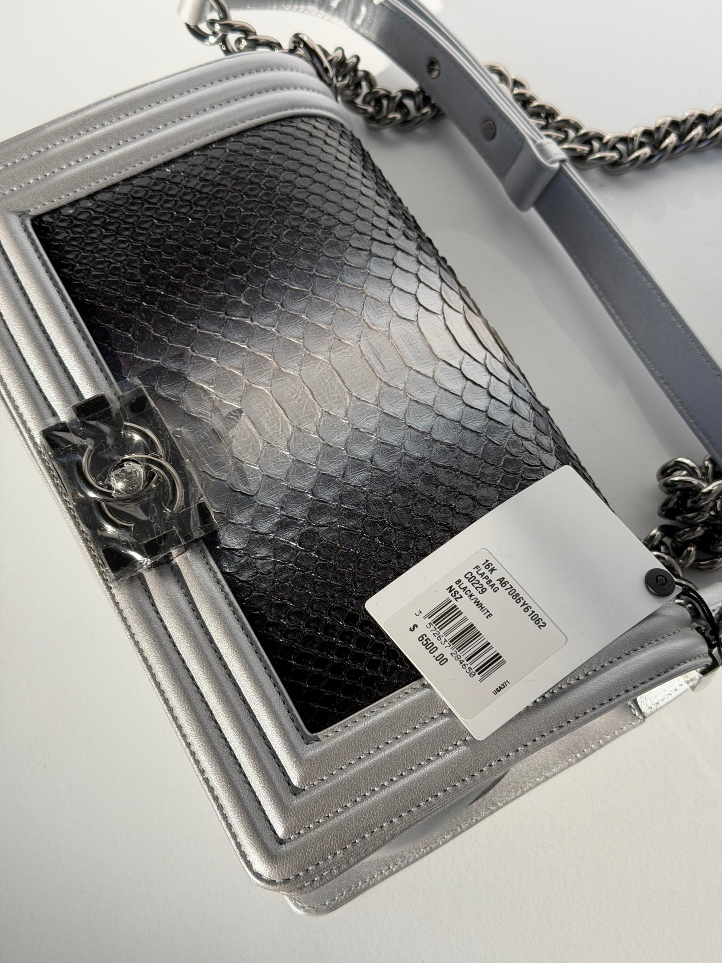 Chanel 16K Silver Python Old Medium Boy Bag