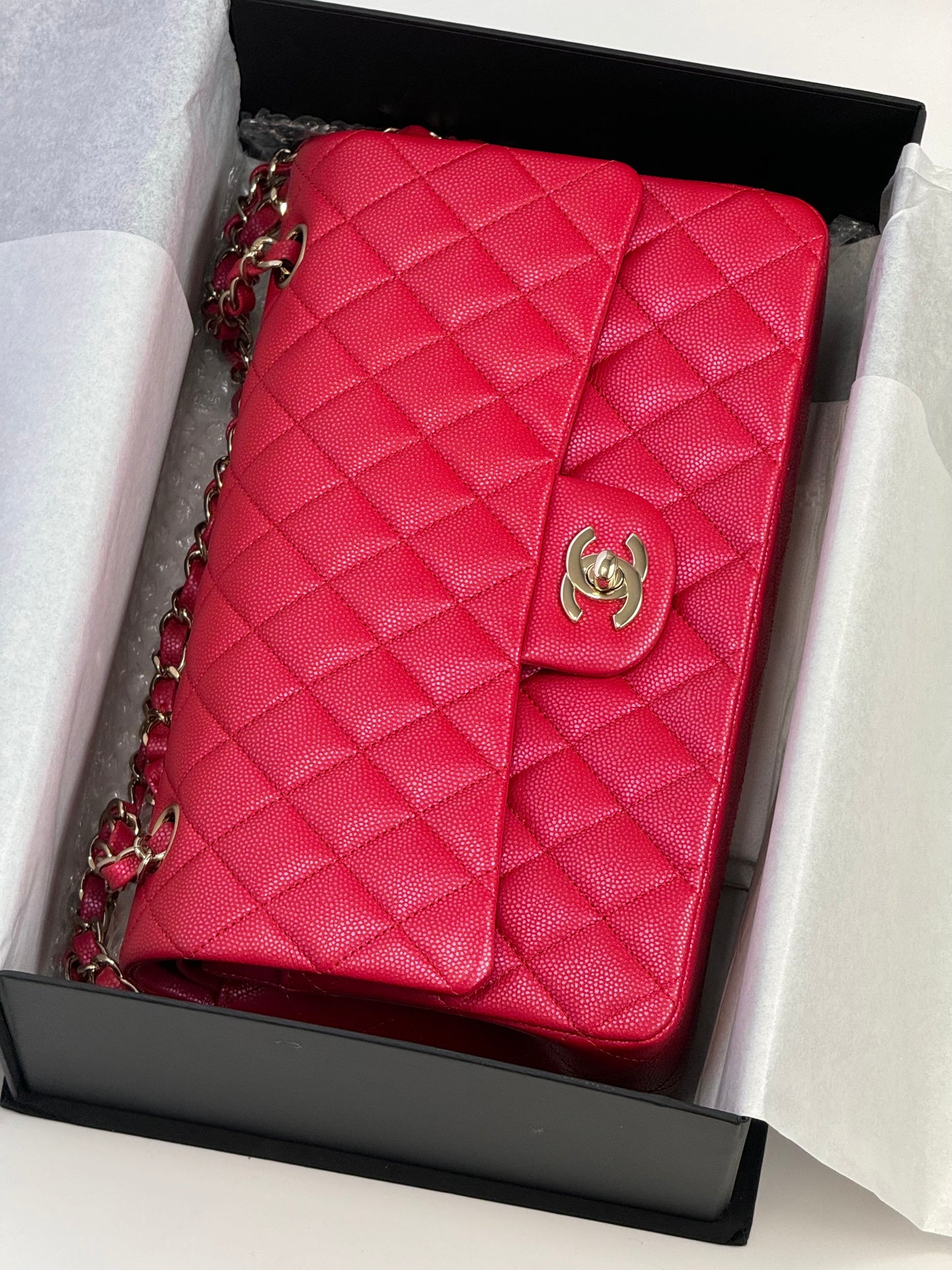 Chanel 21S Red Iridescent Medium Caviar Flap Bag