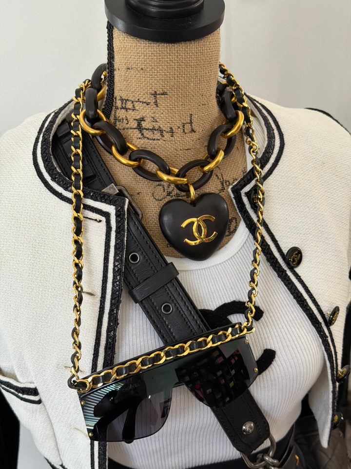 Chanel Vintage Wood Heart CC Pendant Necklace 1993