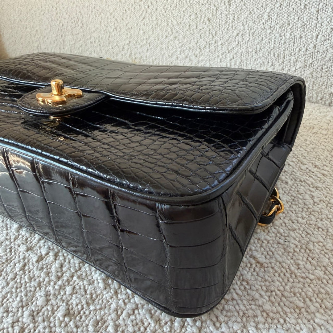 Chanel Medium Classic Flap Bag Alligator Black 24K Plated Gold Hardware 1997