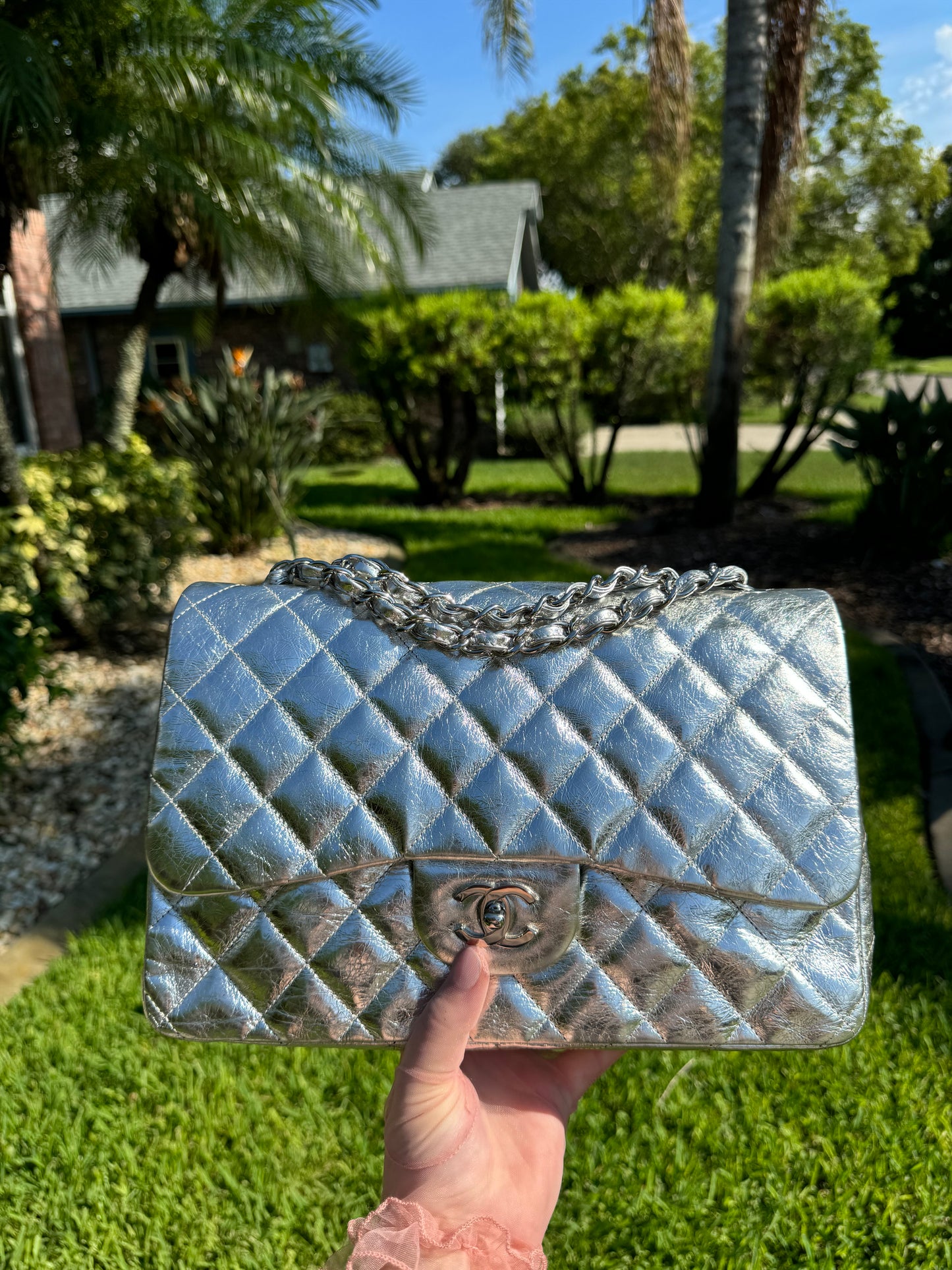 Chanel Quilted Metallic Aged Calfskin Single Flap Jumbo