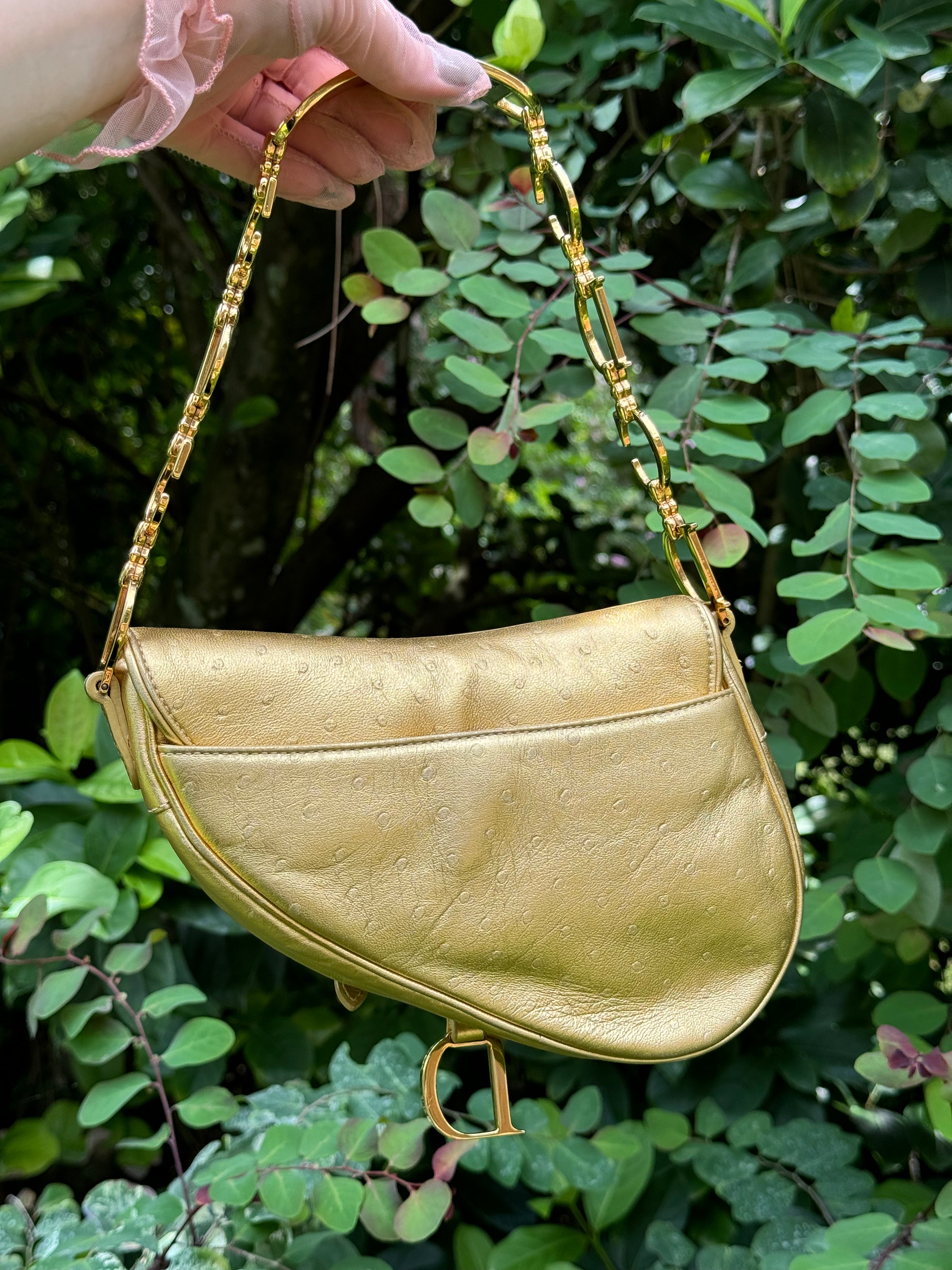 Christian Dior Metallic Gold Ostrich Saddle + Matching Pouch – Its