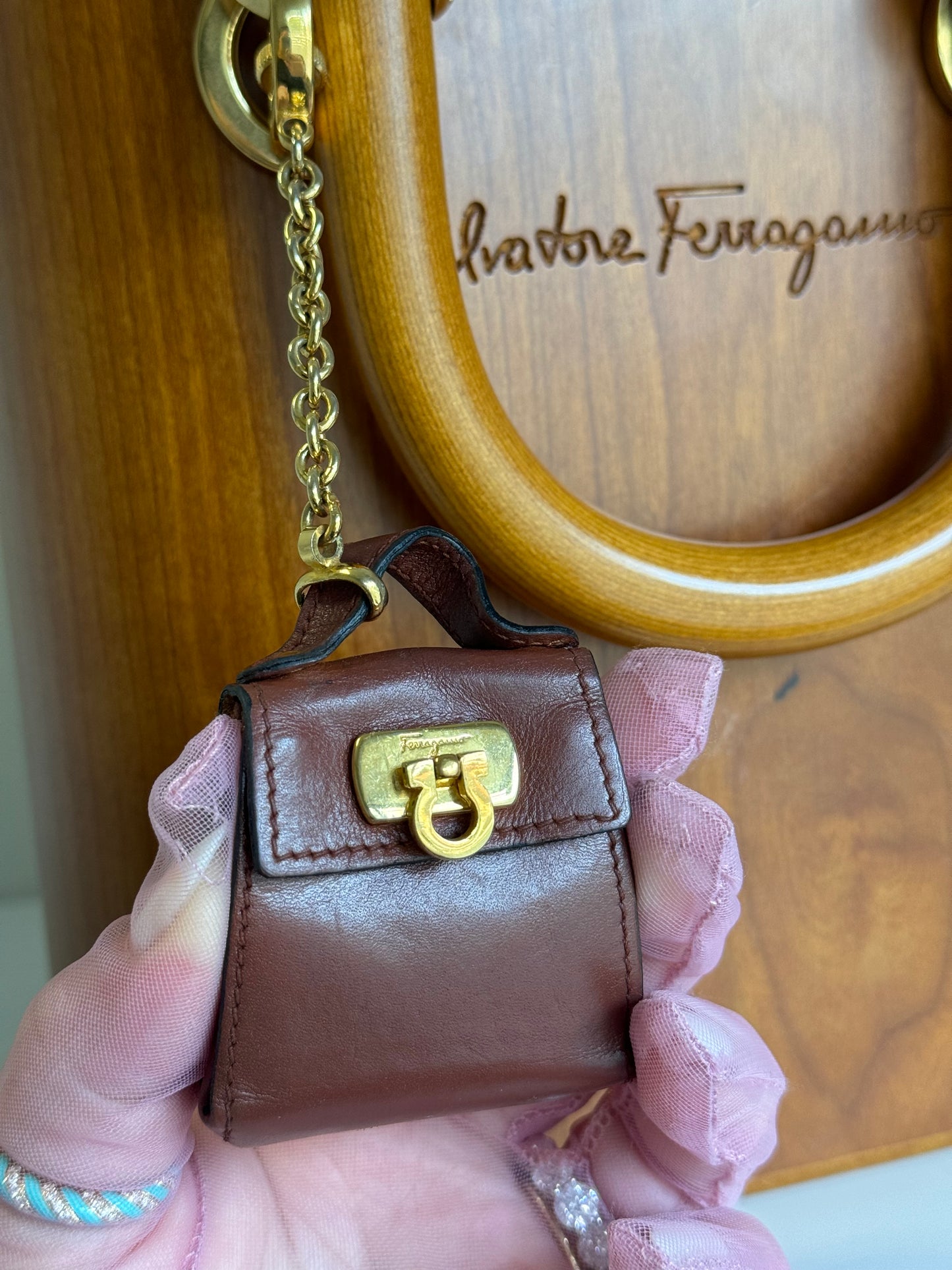 Salvatore Ferragamo Vintage Gancini Wooden Bucket Bag + Coin Pouch