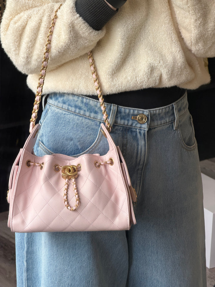Chanel Mini 25 Hobo Bag Caviar Leather Mauve Pink Antique Gold Hardware 2026