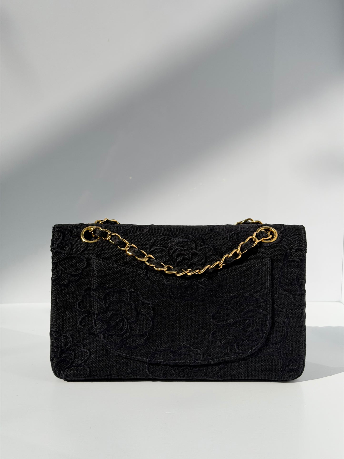 Chanel 1997 Small 24K Black Camellia Classic Flap Bag