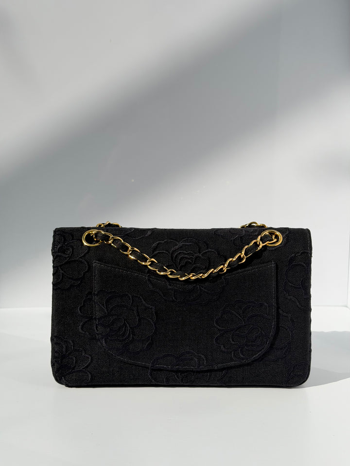 Chanel 1997 Small 24K Black Camellia Classic Flap Bag