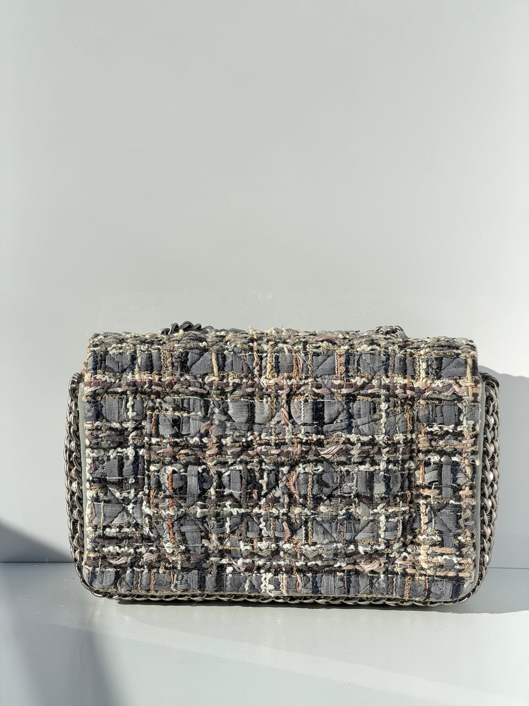 Chanel River of Pearls Mini Flap Quilted Tweed Grey Aged Silver Hardware