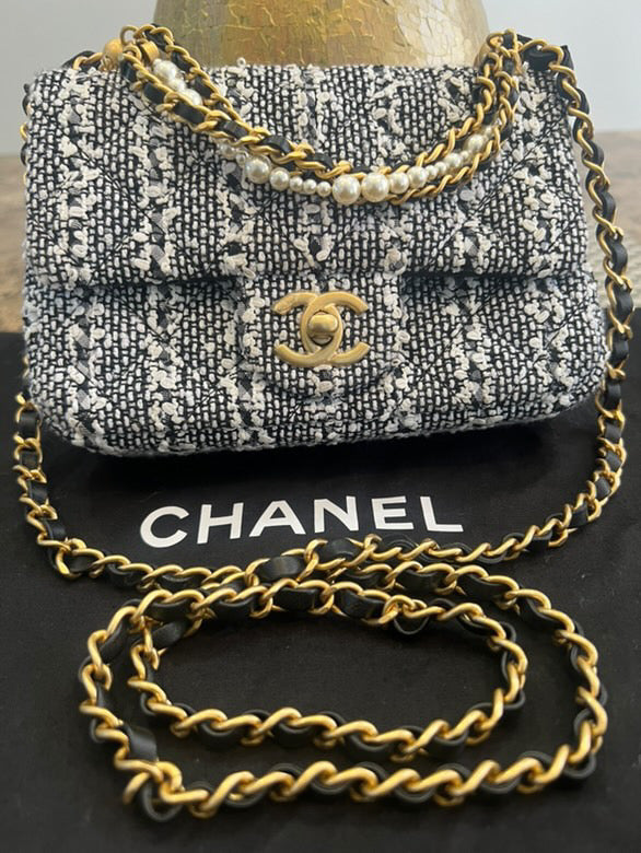 Chanel Black & White Mini Tweed Pearl Flap Bag