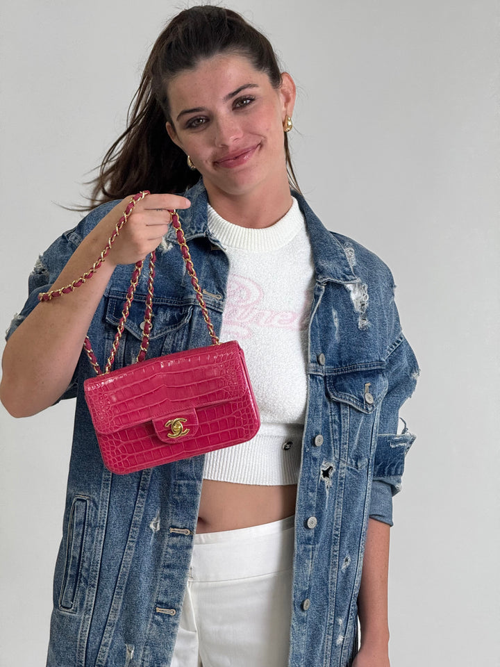 Chanel Pink Crocodile Mini Rectangular Flap Bag