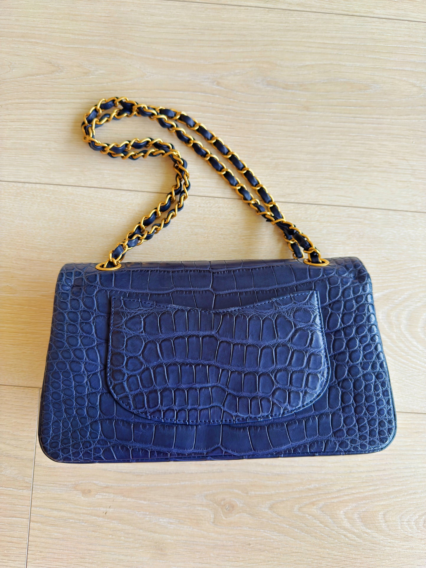Chanel Navy Blue Matte Alligator Medium Classic Flap Bag