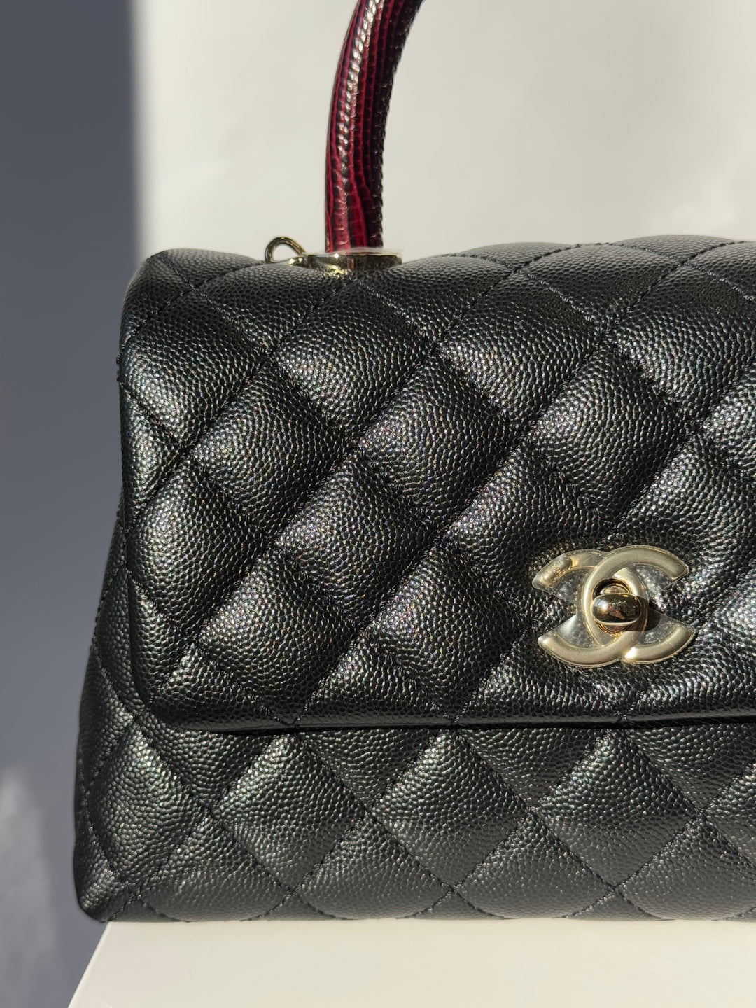 Chanel Small Black Caviar Coco + Burgundy Lizard Top Handle