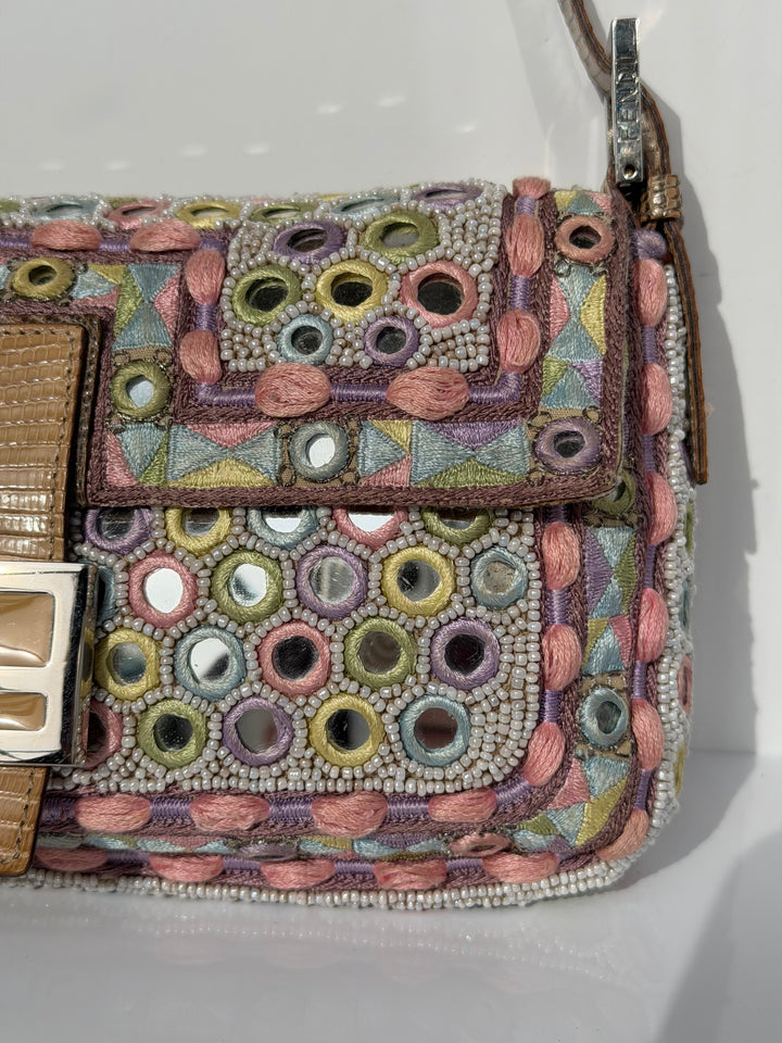 Fendi Baguette Mirror Specchietti Bag Multicolor Silk Embroidery & Beading Lizard Trim 2009