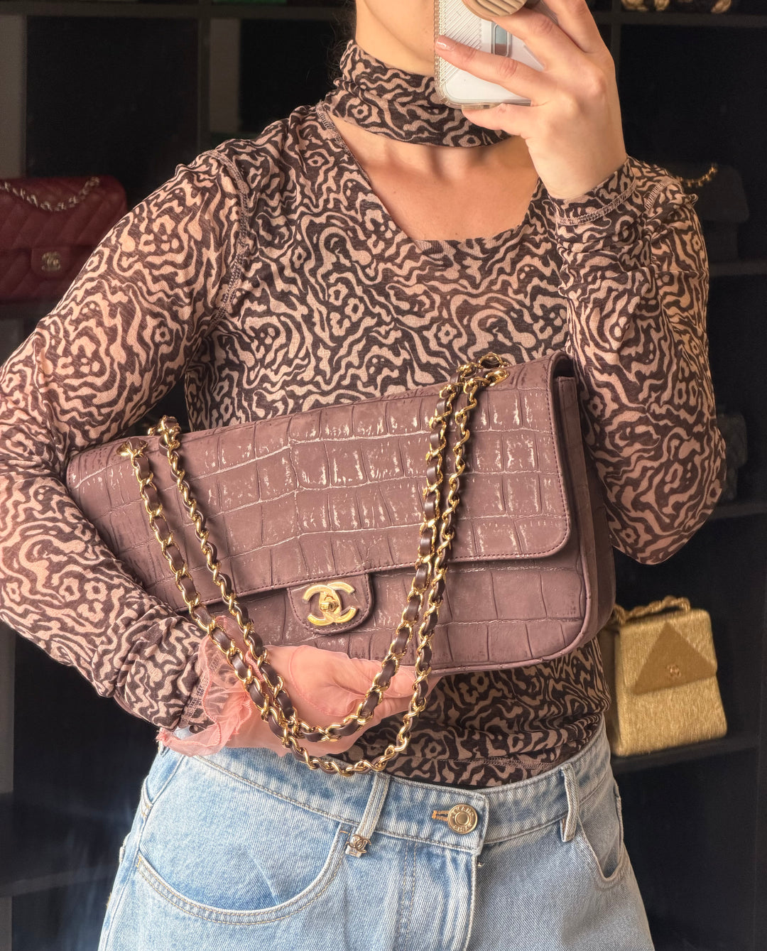 Chanel Maxi Flap Bag Brown Croc-Embossed Suede Calfskin Gold Tone Hardware 2026